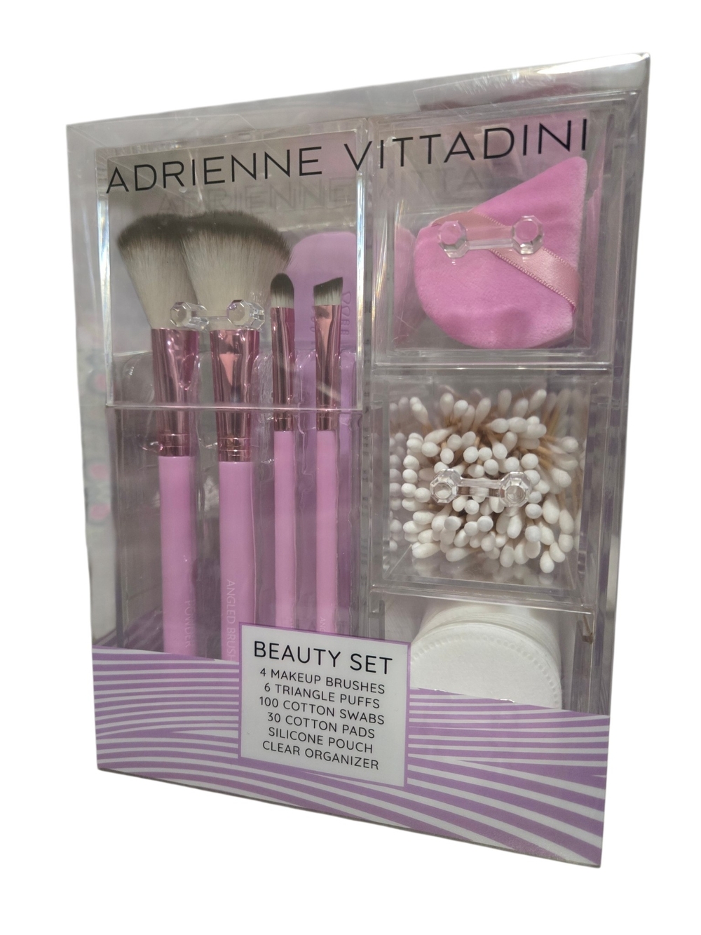 Adrienne Vittadini Pink Beauty Set – Makeup Brushes, Triangle Puffs, Organizer